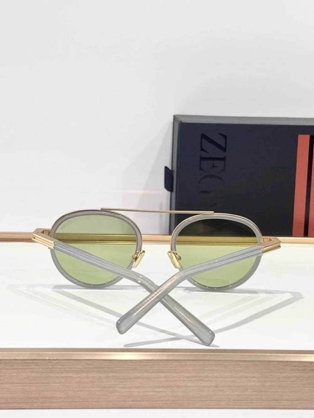 Ermenegildo Zegna Gold-Trim Round Sunglasses with Green Lenses